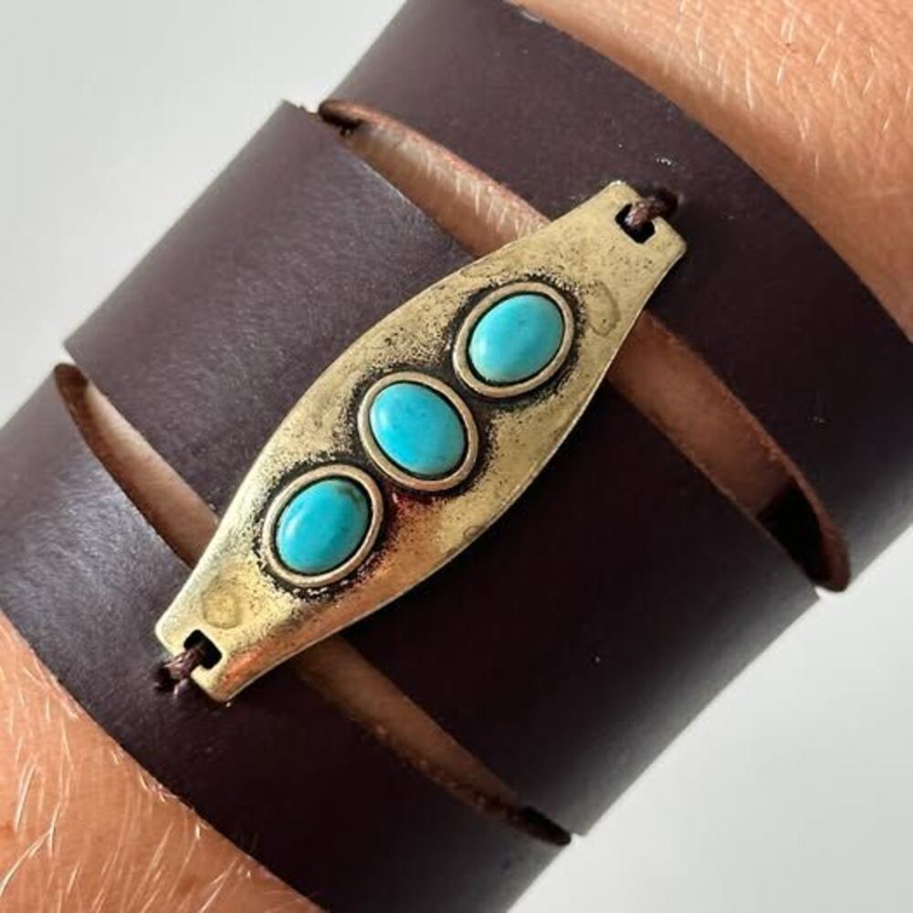 Boho Leather Wrap Cuff Bracelet – Genuine Brown Leather with Turquoise Stones